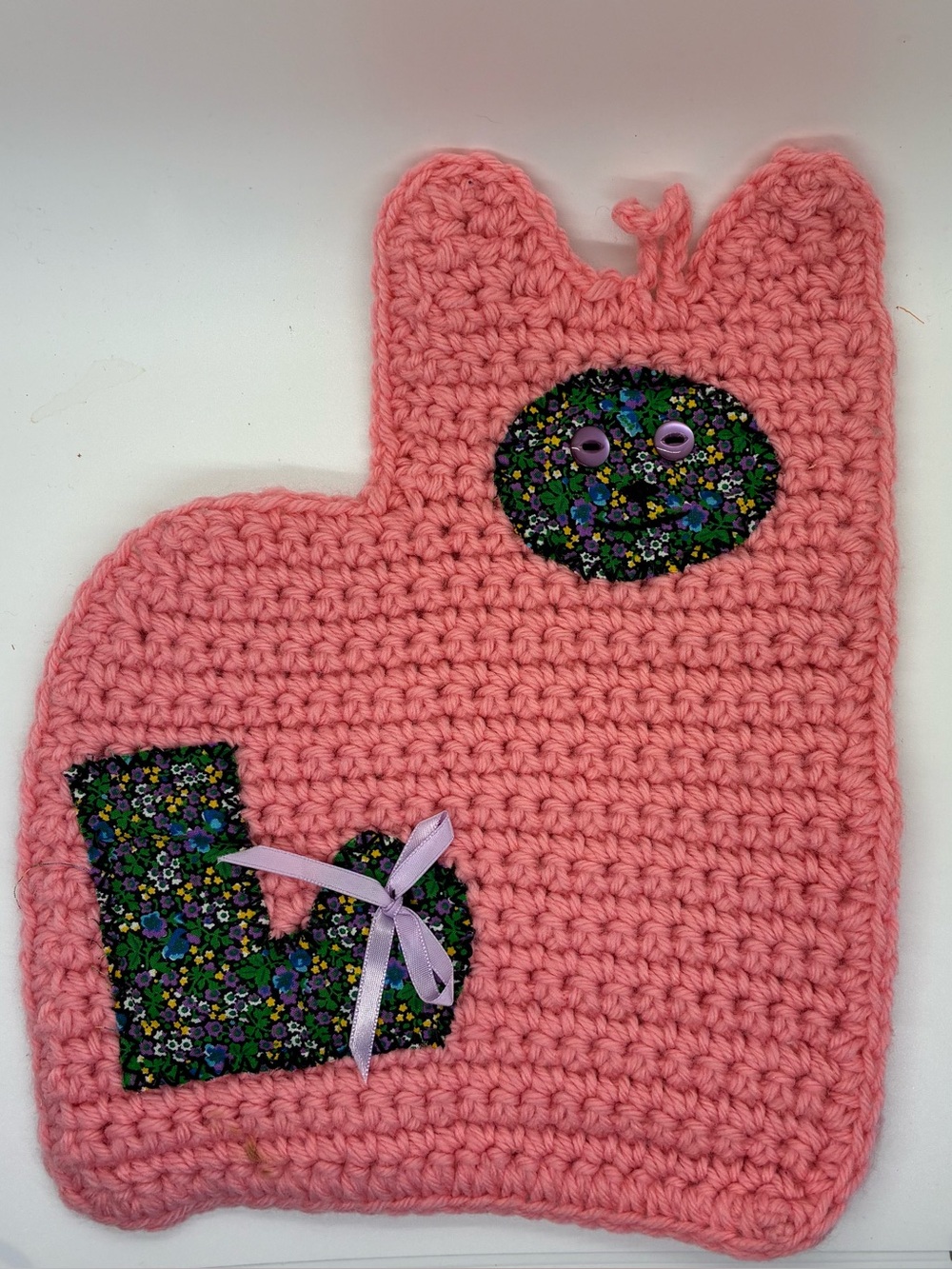 Vintage Crochet Cat Pot Holder, Peachy/pink and Patwork